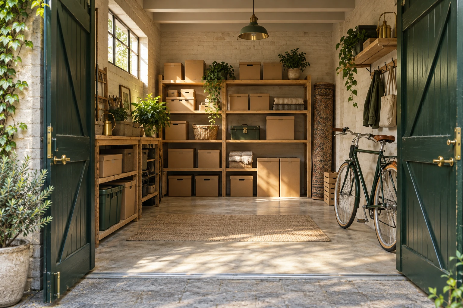 Illustrative organised garage with boxes and belongings