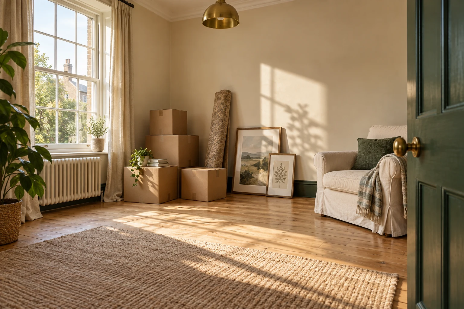 Illustrative bright room with stored boxes